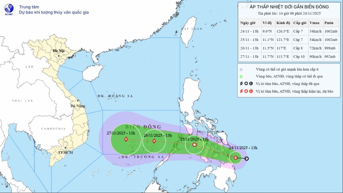 Du bao duong di cua ap thap nhiet doi gan Bien Dong. Anh: Trung tam Du bao Khi tuong Thuy van Quoc gia Viet Nam