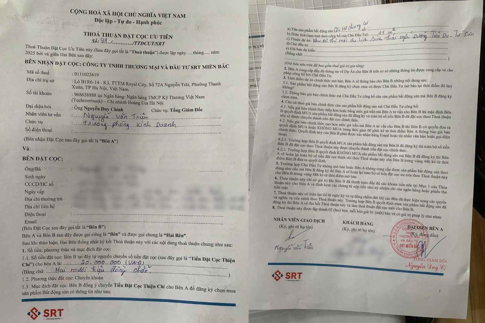 Mot hop dong dat coc giu cho tai du an bat dong san chua du dieu kien kinh doanh tai Bac Ninh. Anh: PV