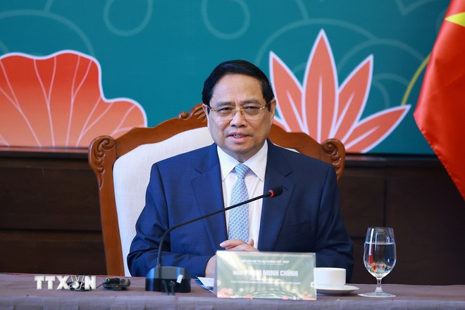 Politburo member and Prime Minister Pham Minh Chinh spoke at the reception of the Japanese local delegation on the morning of November 25 in Quang Ninh. Photo: VNA