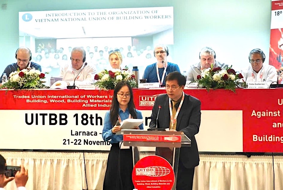 Mr. Pham Hoai Phuong, Chairman of the Vietnam Construction Trade Union, spoke at the UITBB Congress. Photo: Thuy Linh