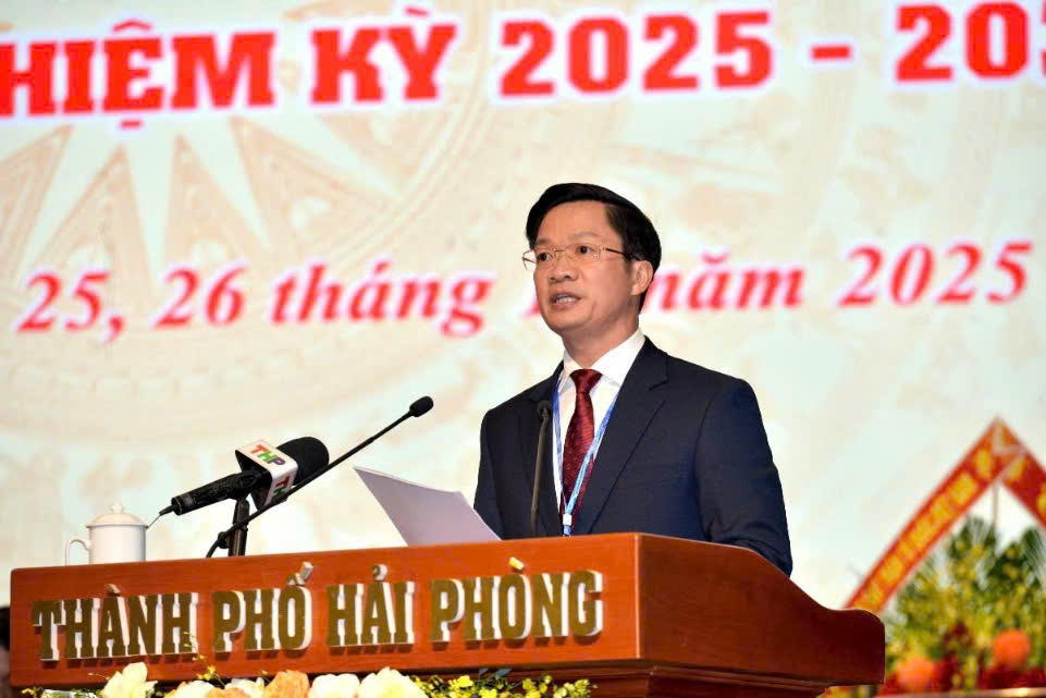 Ong Pham Van Lap, Pho Bi thu Thanh uy, Chu tich Uy ban MTTQ Viet Nam TP Hai Phong nhiem ky 2020-2025 phat bieu khai mac Dai hoi. Anh: Dai An