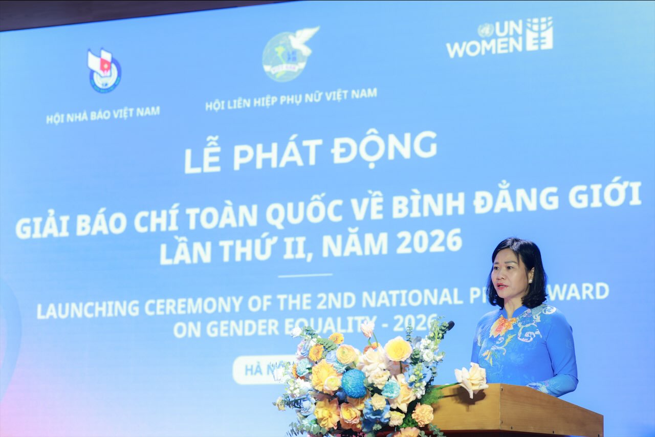 Bà Nguyễn Thị Tuyến - Ủy viên Trung ương Đảng, Phó Chủ tịch Ủy ban Trung ương Mặt trận Tổ quốc Việt Nam, Chủ tịch Hội Liên hiệp Phụ nữ Việt Nam - khai mạc Lễ phát động Giải Báo chí toàn quốc về Bình đẳng giới lần thứ II, năm 2026. Ảnh: Hải Nguyễn
