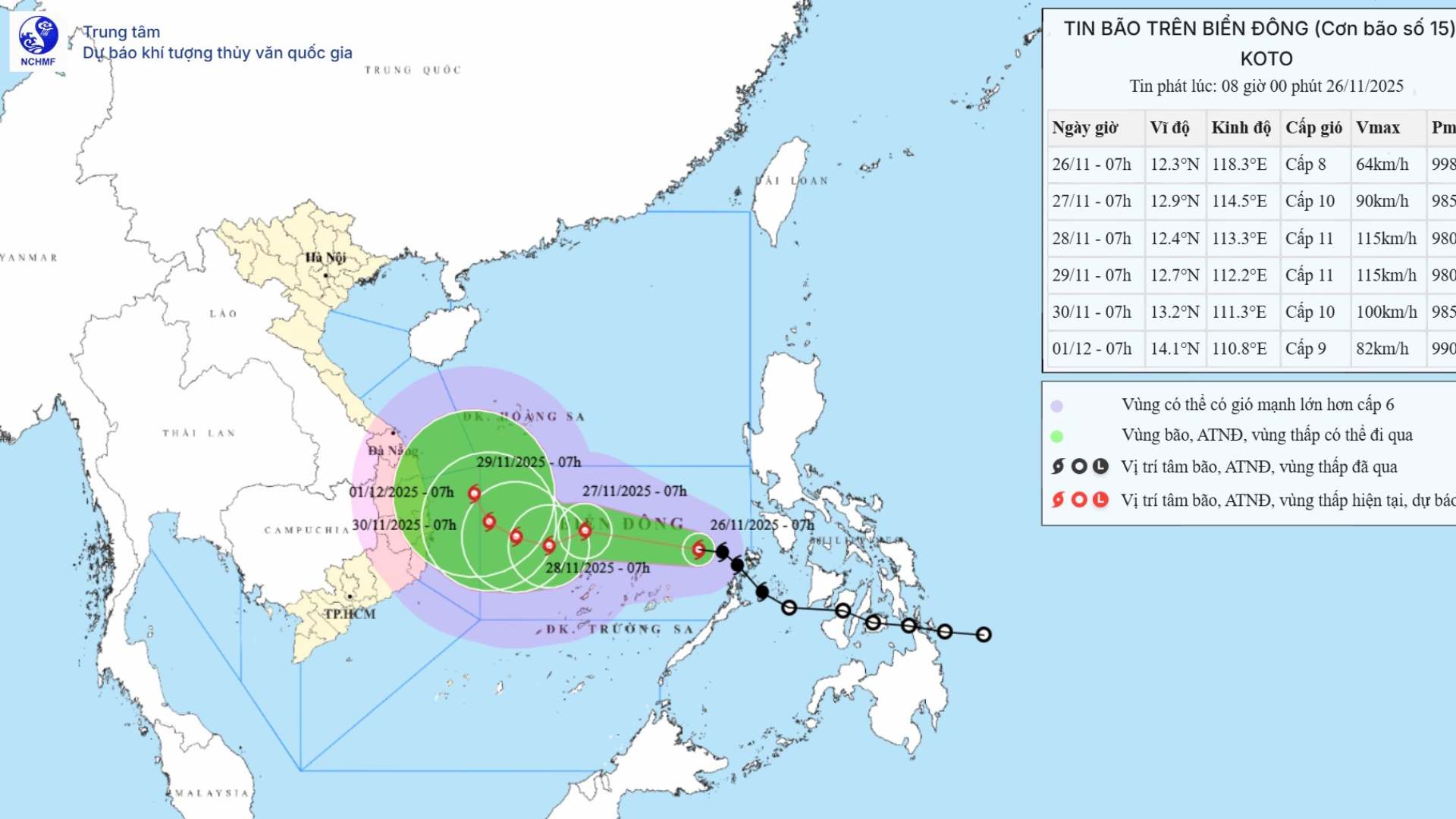 11月26日午前8時の台風15号の位置と進路を更新。出典:国家水文気象予報センター