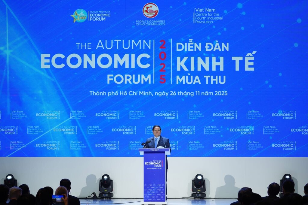 Thu tuong Chinh phu Pham Minh Chinh phat bieu chi dao tai Khai mac Dien dan kinh te mua thu 2025. Anh: nguon HEF