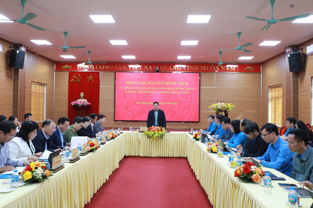 グエン・ホン・タイ氏 - 党中央委員会委員、バクニン省党委員会書記が作業セッションで発言した。写真: クイェット・チェン