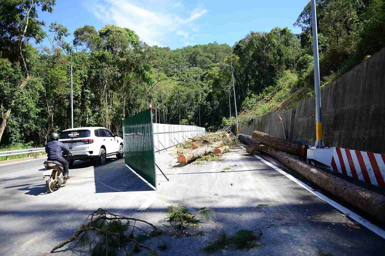 Mot diem xuat hien vet nut mat duong, taluy duong (huong TPHCM - Da Lat) duoc don vi thi cong su dung ton quay kin de phuc vu cong tac sua chua. Ben trong, hang loat cay thong o trien doi da bi cat ha. Anh: Phuc Khanh