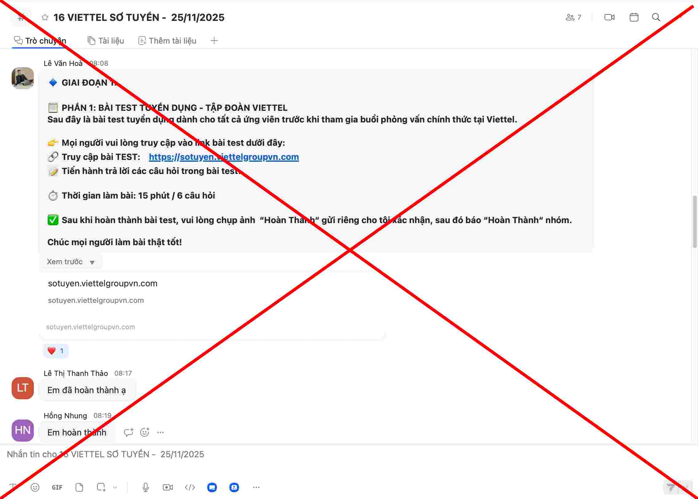 Đối tượng lừa đảo yêu cầu ứng viên tham gia test dự thi với chi phí 120.000 đồng. Ảnh: Nhân vật cung cấp