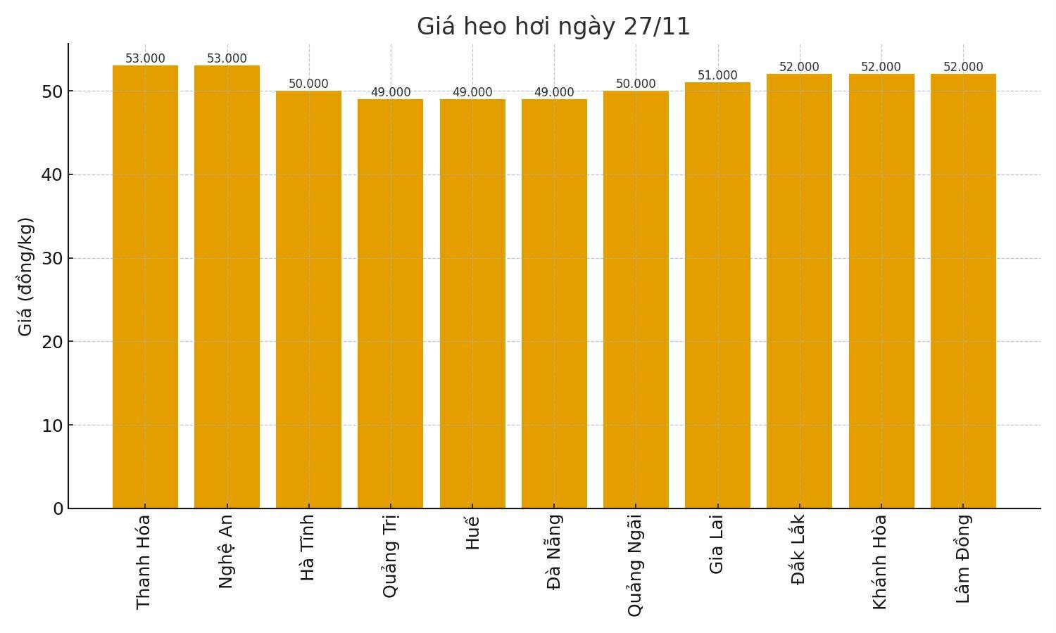 Gia heo hoi hom nay 27.11 tai khu vuc Mien Trung - Tay Nguyen. Do hoa: Thuy Linh 