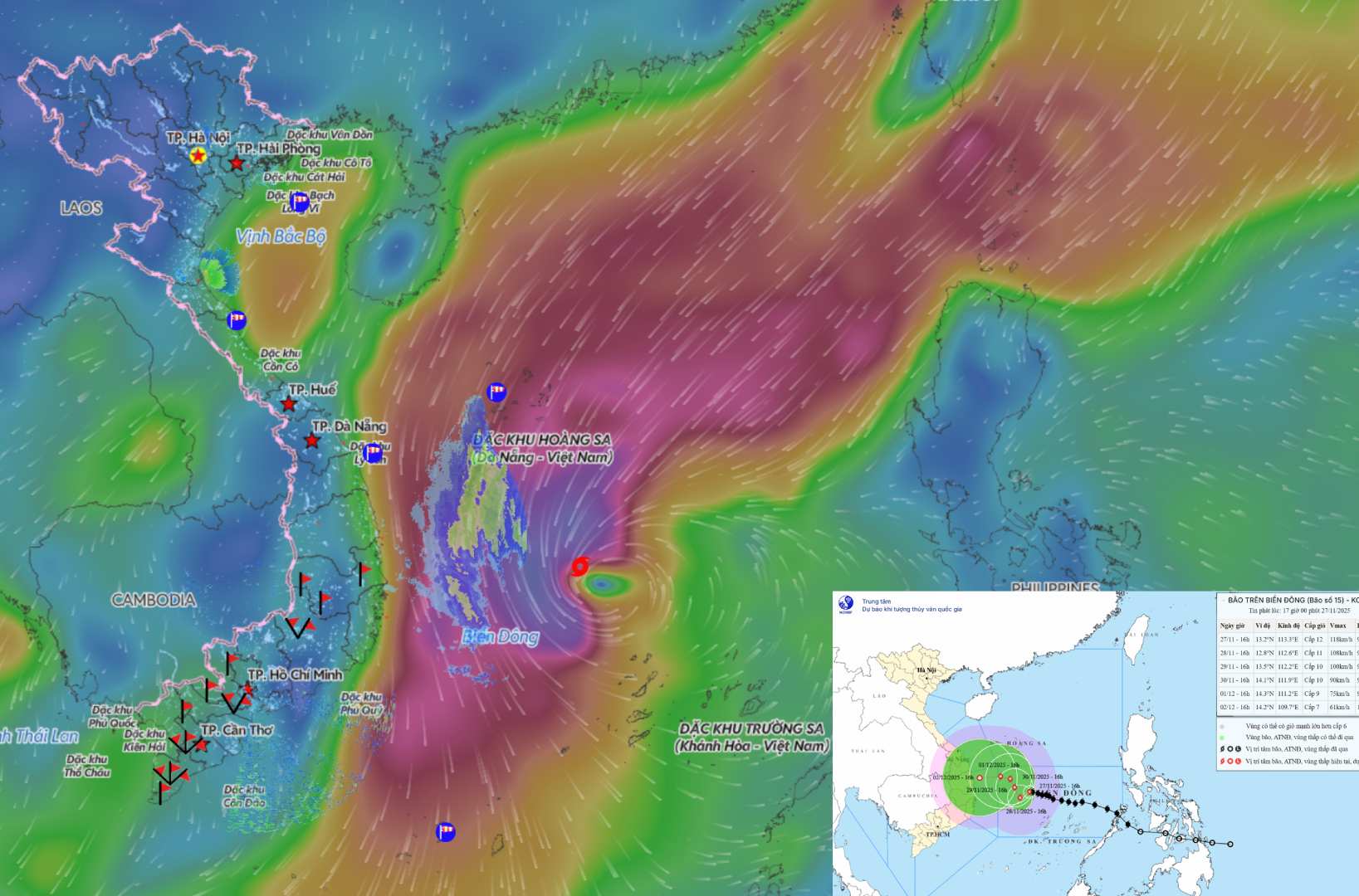 台風15号の位置と進路を11月27日18時に更新。出典:ベトナム自然災害監視システム/国立水文気象予報センター