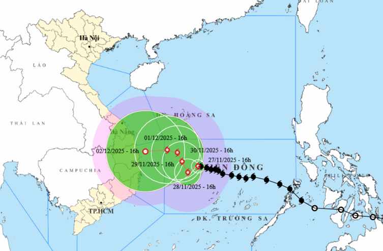 Du bao thoi tiet hom nay 28.11, bao so 15 mang suc gio giat cap 14 tien ve mien Trung. Anh: NCHMF