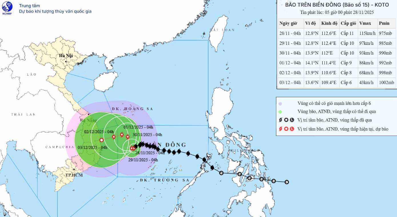 11月28日午前5時の台風15号の位置と進路を更新。出典:国家水文気象予報センター