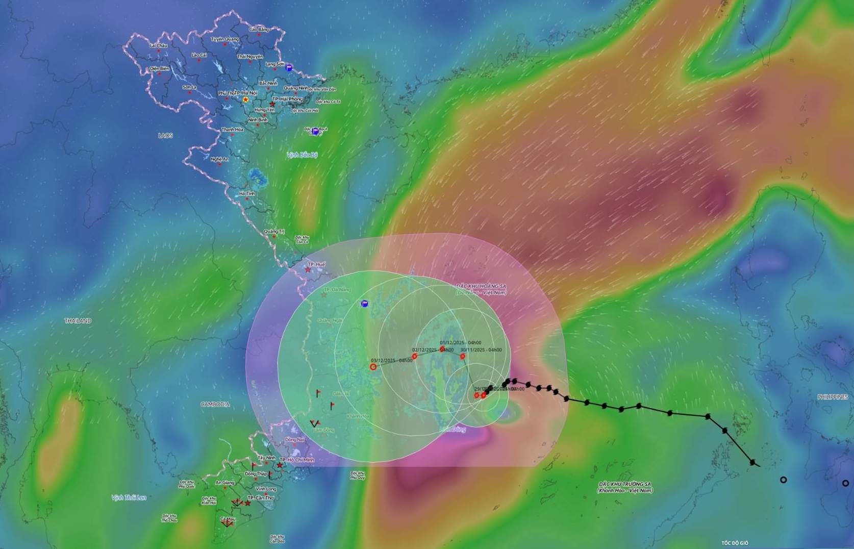 Cap nhat vi tri cua bao so 15 vao 8h45 ngay 28.11. Anh: He thong Giam sat thien tai Viet Nam 