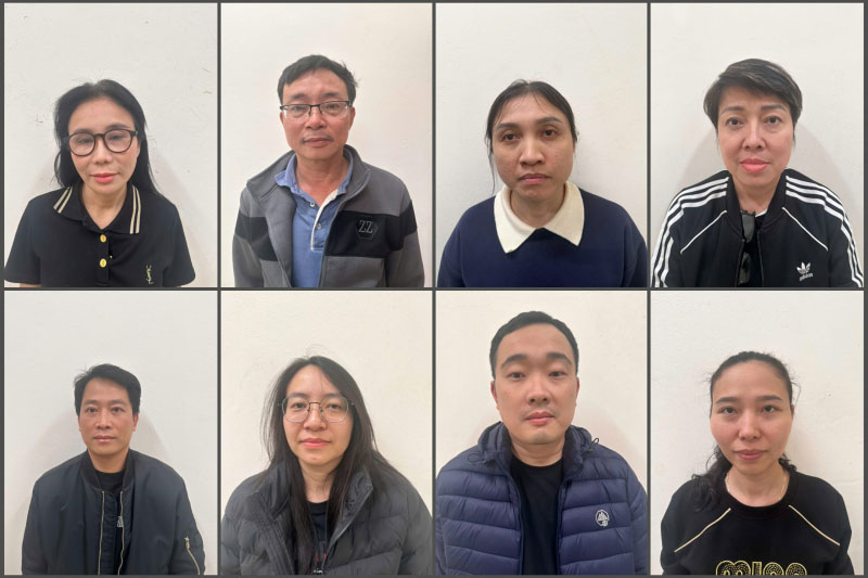 Bà chủ thẩm mỹ viện Mailisa - Phan Thị Mai (bên trái, hàng trên cùng) và các bị can trong vụ án. Ảnh: Bộ Công an