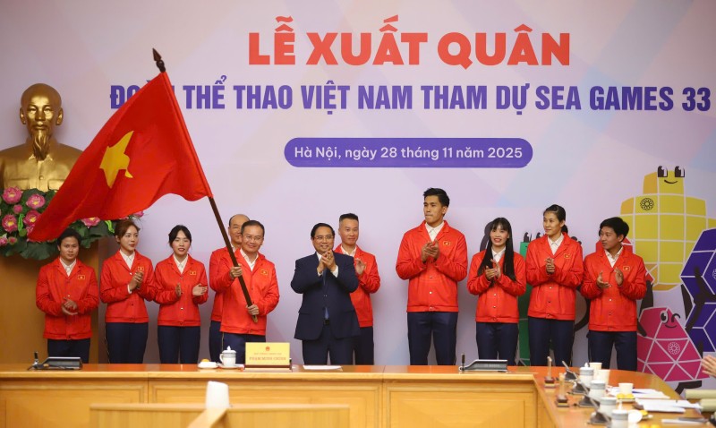 Thu tuong Pham Minh Chinh chuc Doan the thao Viet Nam dat duoc muc tieu de ra tai SEA Games 33. Anh: Viet Hung