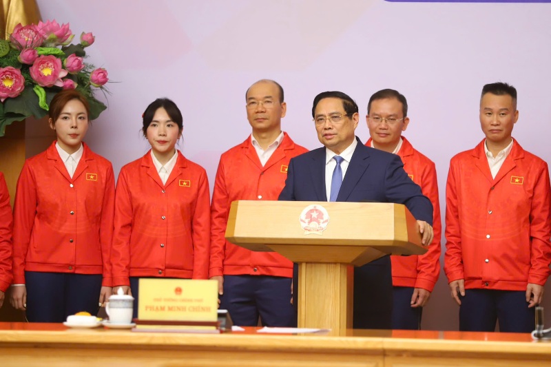 Thu tuong Pham Minh Chinh phat bieu tai Le xuat quan Doan the thao Viet Nam du SEA Games 33. Anh: Viet Hung