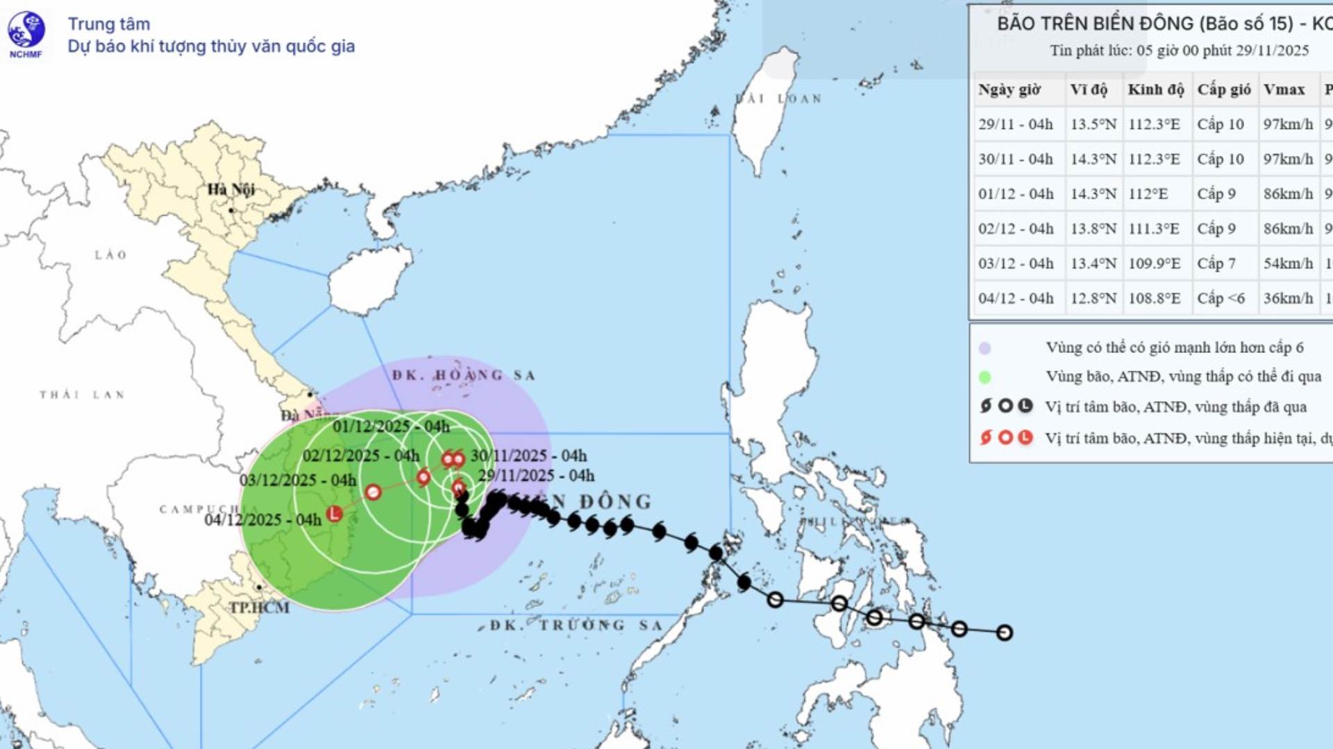 11月29日午前5時の台風15号の位置と進路を更新。出典:国家水文気象予報センター