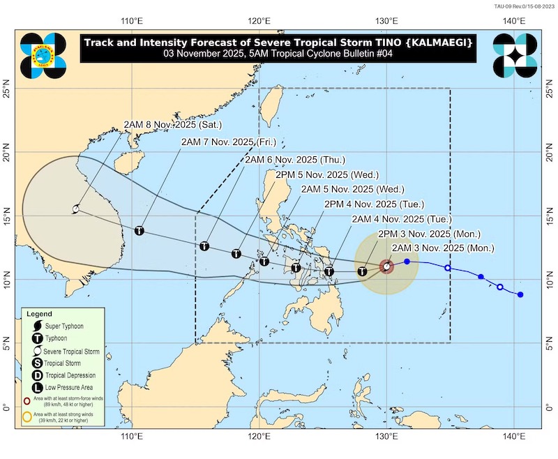 The forecast track and intensity of storm Kalmaegi - the predecessor of storm No. 13 - could reach super typhoon level before entering the East Sea. Photo: PAGASA