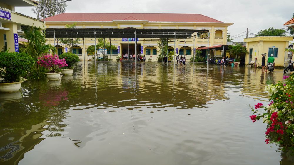 Tai Truong Tieu hoc My Phuoc A (xa My Phuoc), nuoc da ngap sau vao san truong, anh huong truc tiep den viec day va hoc. Thay Nguyen Van Hao, Hieu truong truong cho biet nhieu phu huynh buoc phai cho con nghi hoc de dam bao an toan. Nhieu ho dan lo bom nuoc chong ngap nen khong the dua con den lop. Rieng ngay 30.10, co khoang 100 hoc sinh nghi hoc. Nha truong da xin y kien UBND xa My Phuoc cho hoc sinh cua truong va mot diem le nghi hoc mot tuan, cho nuoc rut roi tro lai hoc binh thuong.
