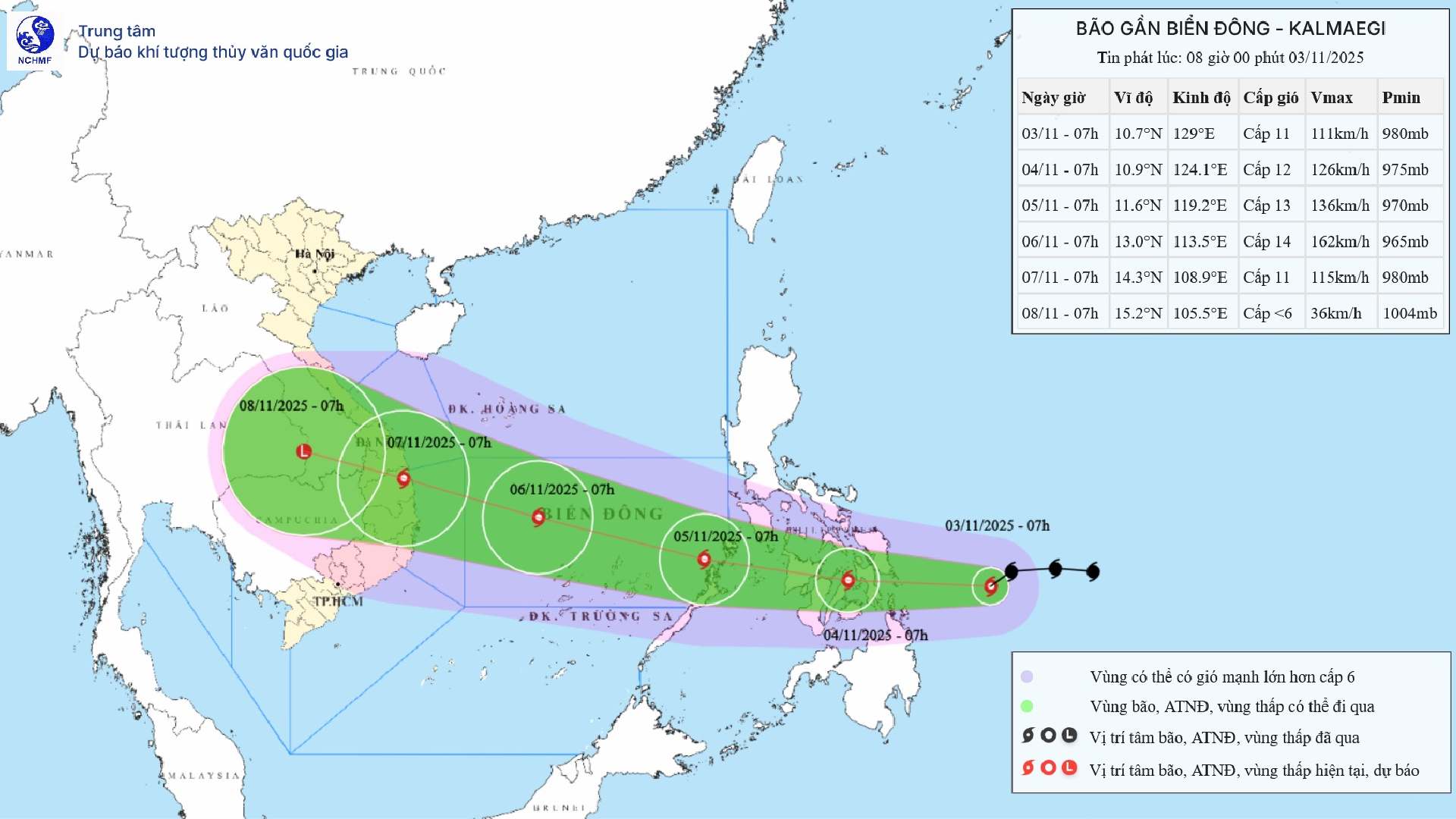 Updated location and path of storm Kalmaegi at 2:00 p.m. on November 3. Source: National Center for Hydro-Meteorological Forecasting