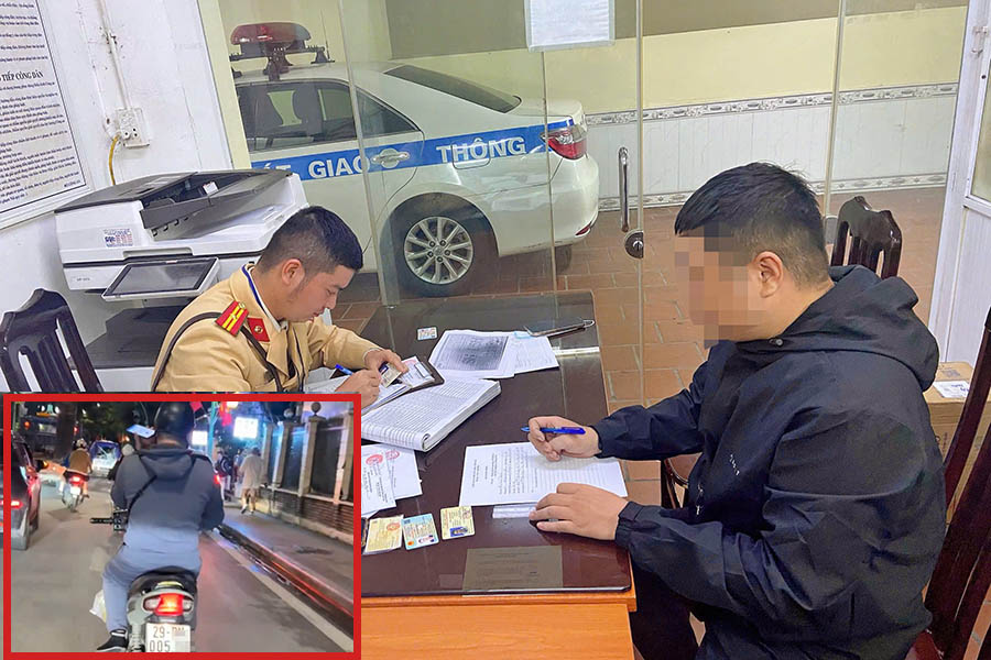 Nam thanh niên bị trừ 4 điểm giấy phép lái xe với hành vi vừa lái xe vừa dùng điện thoại. Ảnh: Công an cung cấp