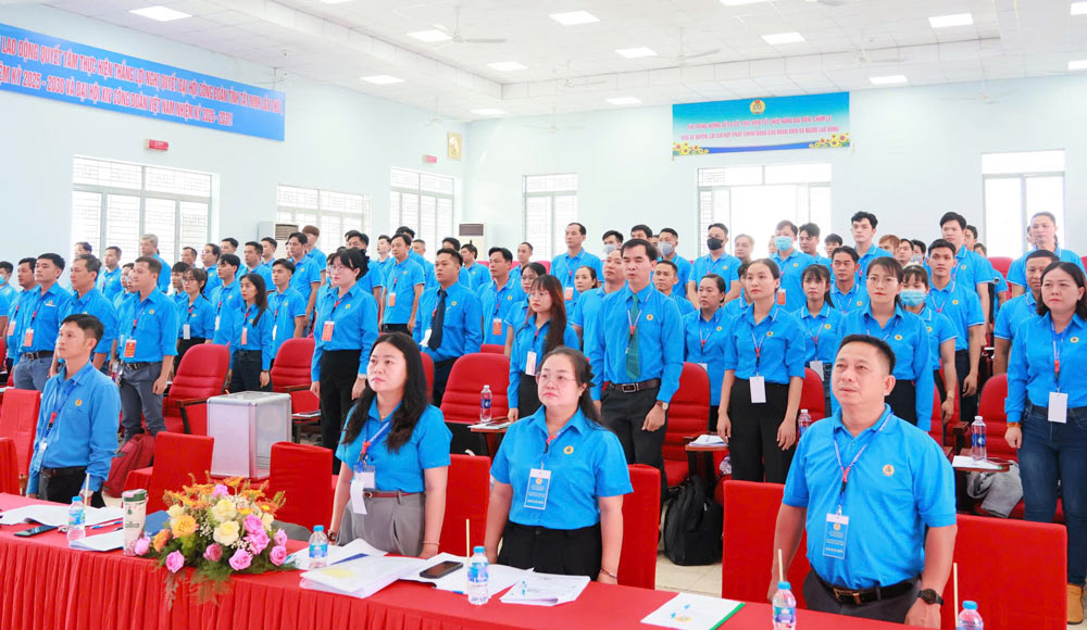 100 dai bieu chinh thuc dai dien cho hon 1.000 doan vien cong ty tham du Dai hoi Cong doan co so Cong ty Co phan Det Tran Hiep Thanh. Anh: Phuong Dung