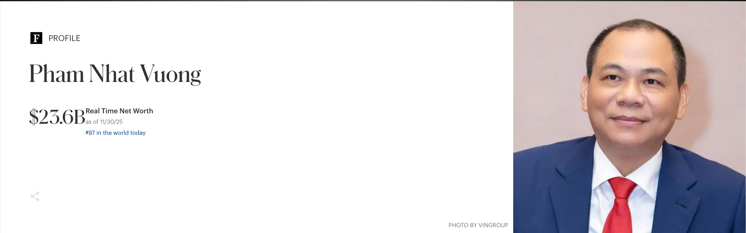 포브스는 Pham Nhat Vuong 씨의 자산을 380억 달러로 평가했으며 이는 세계 97위로 베트남 기업가 중 가장 높은 수준입니다. 사진: Song Anh