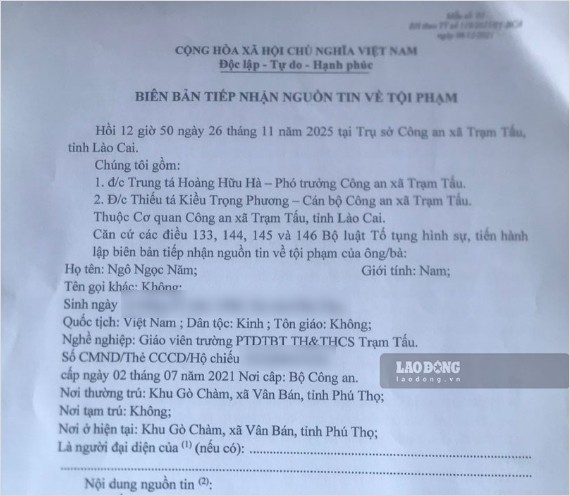 Bien ban tiep nhan nguon tin ve toi pham cua Cong an xa Tram Tau, tinh Lao Cai. Anh: Duy Dung