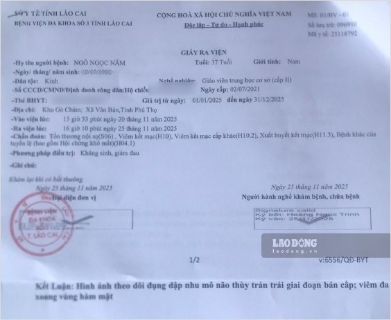 Giay ra vien chan doan ong Ngo Van Nam bi ton thuong noi so va nhieu anh huong vung mat, ham mat. Anh: Duy Dung