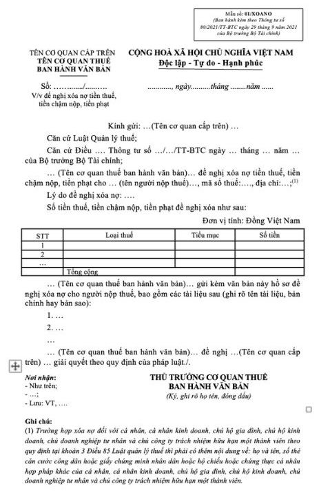 Mau 01/XOANO van ban de nghi xoa no tien thue, tien cham nop tien phat.