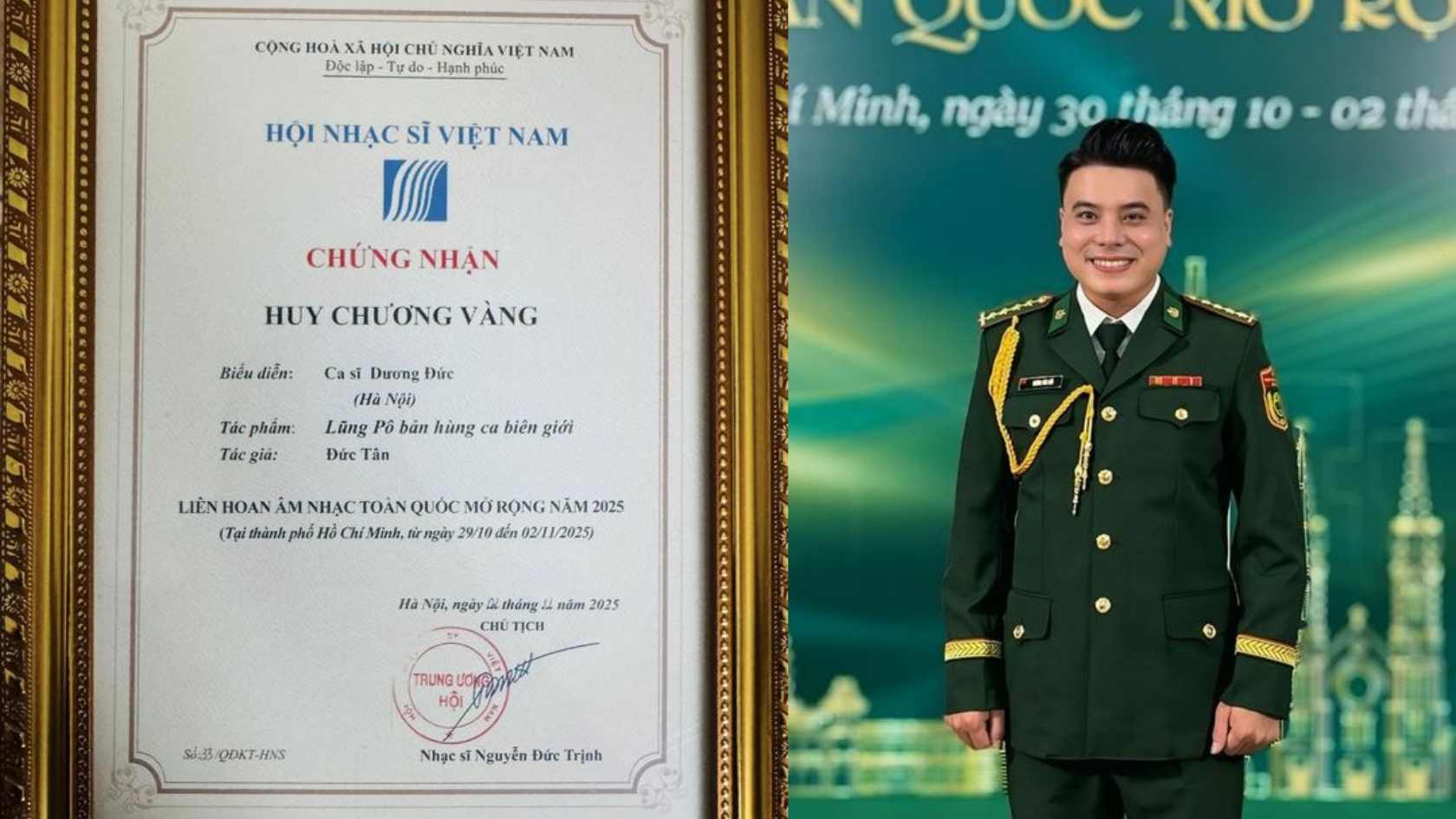 가수 Duong Duc 2025년 전국 음악 축제에서 금메달 수상. 사진 NVCC