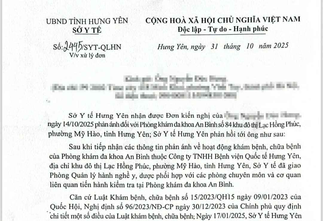 Phong kham An Binh bi xu phat 57 trieu dong vi vi pham hoat dong kham, chua benh. Anh chup tu van ban