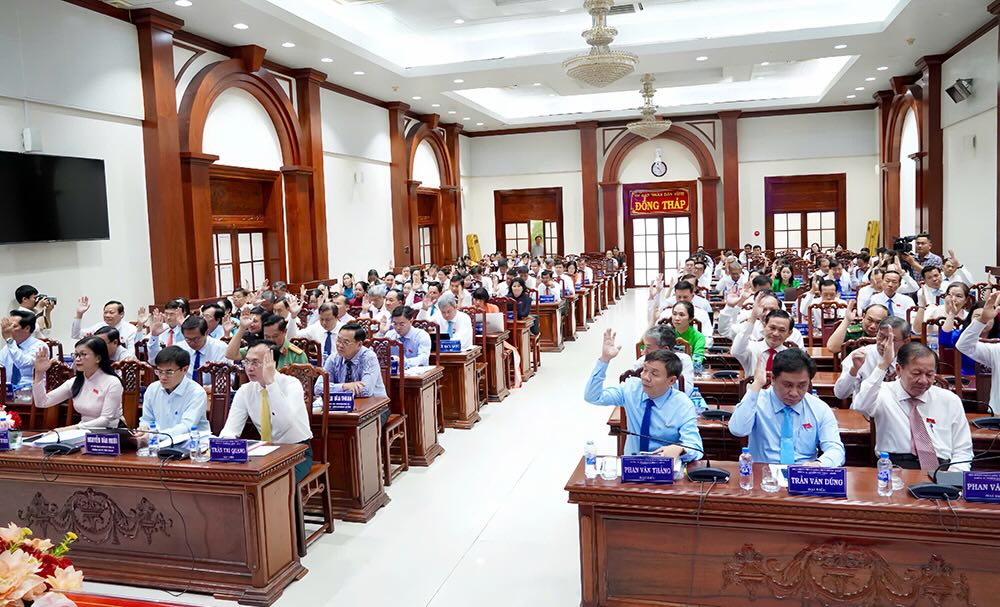 Cac dai bieu HDND tinh Dong Thap bieu quyet thong qua Nghi quyet. Anh: Cong thong tin dien tu Dong Thap.