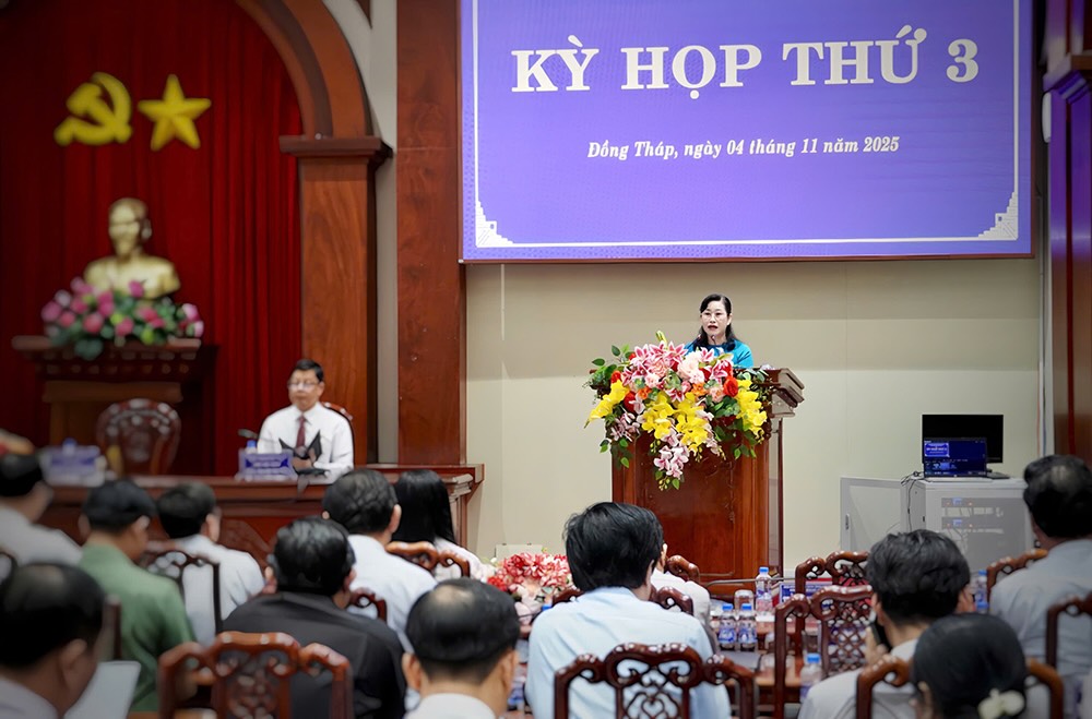 Chu tich HDND tinh Dong Thap Chau Thi My Phuong phat bieu be mac Ky hop. Anh: Cong thong tin dien tu Dong Thap.