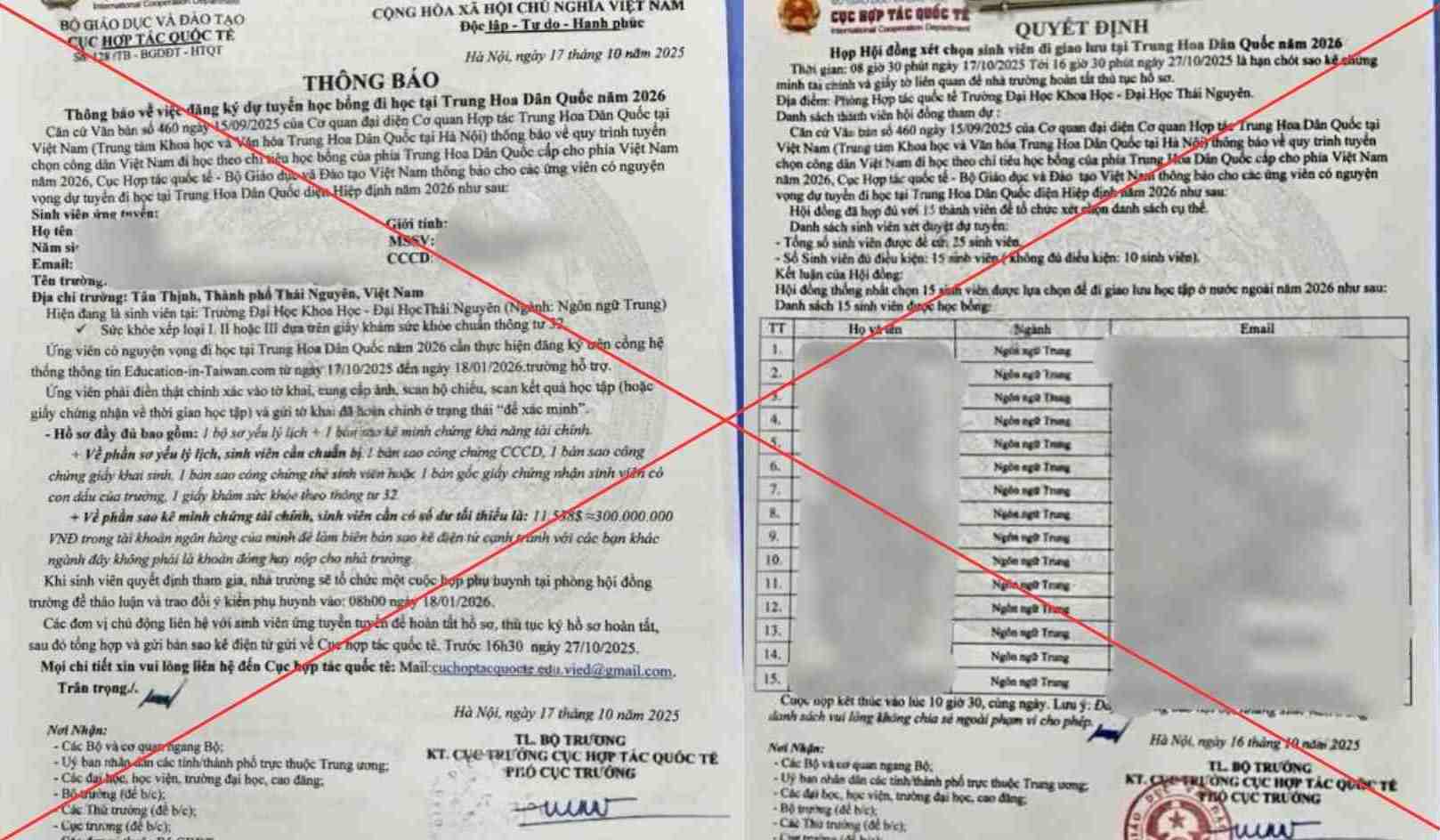Các đối tượng dùng thủ đoạn giả mạo “Thông báo dự tuyển” hoặc “Quyết định họp Hội đồng xét chọn” rất tinh vi, có tên cơ quan, chữ ký và “dấu đỏ” nhằm lừa đảo. Ảnh: Công an Lạng Sơn