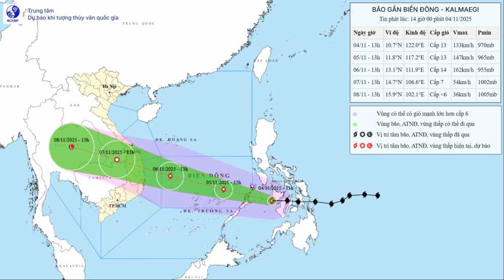 Du bao thoi tiet hom nay 5.11, bao so 13 chinh thuc vao Bien Dong. Anh: Trung tam Du bao Khi tuong Thuy van quoc gia