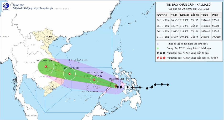 Du bao duong di va vung chiu anh huong truc tiep cua bao so 13 Kalmaegi sap tang cap tren Bien Dong, kha nang do bo khu vuc phia Dong cac tinh Quang Ngai - Dak Lak.
