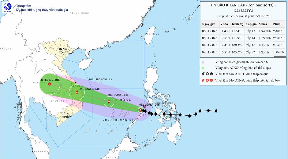 Du bao duong di va vung do bo Viet Nam cua bao so 13. Anh: Trung tam Du bao Khi tuong Thuy van Quoc gia Viet Nam