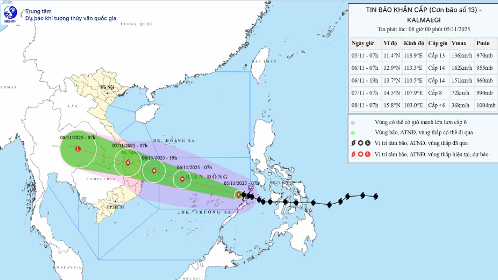 Updated location and path of storm No. 13 at 8:00 a.m. on November 5. Photo: National Center for Hydro-Meteorological Forecasting
