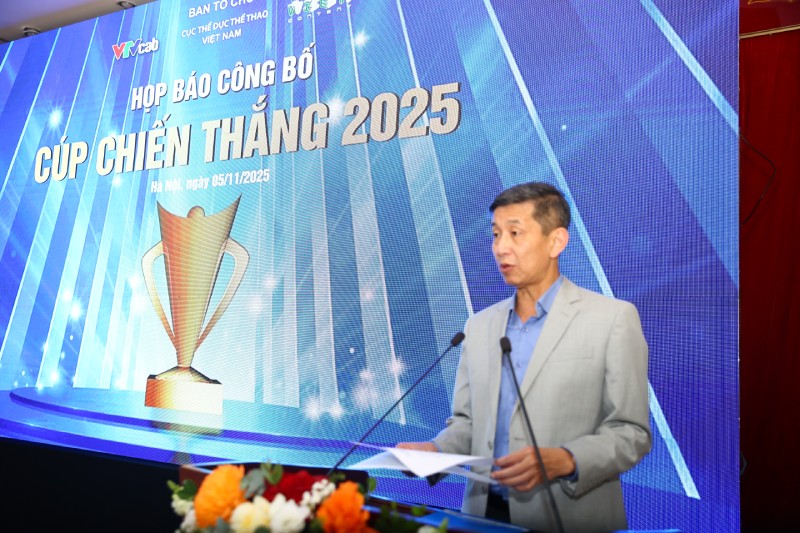 Ong Nguyen Danh Hoang Viet - Cuc truong Cuc TDTT Viet Nam, Truong Ban to chuc Cup Chien thang 2025 phat bieu. Anh: VCT