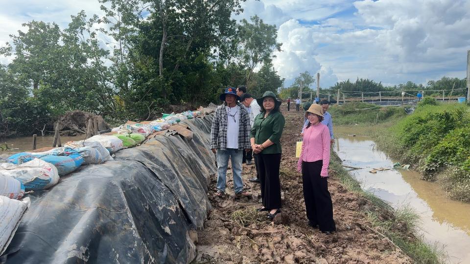 ビンロン省党委員会常任副書記のホー・ティ・ホアン・イェン氏は、ロンビンコミューンのギョンバン海岸堤防地滑りの実際の地域を調査した。写真: ホアン・ロック