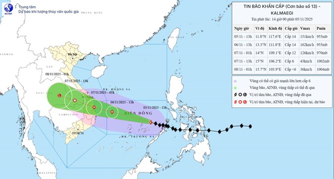 Dự báo thời gian bão số 13 Kalmaegi gây mưa to gió mạnh nhất ở các tỉnh Trung Bộ
