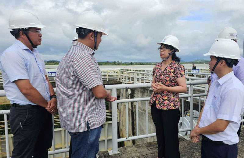 省人民委員会のグエン・ティ・タイン・リッチ副委員長は、アンケー貯水池の洪水放流状況を視察した。写真: ドク・ハイ