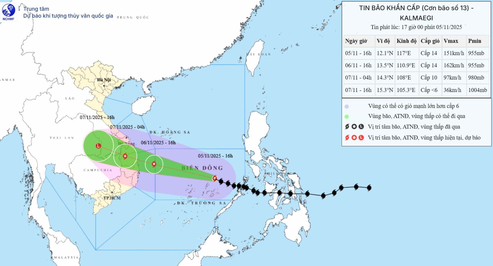 Updated location and path of storm No. 13 at 5:00 p.m. on November 5. Photo: National Center for Hydro-Meteorological Forecasting