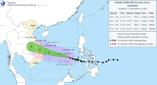Updated location and path of storm No. 13 Kalmaegi at 5:00 p.m. on November 5. Photo: National Center for Hydro-Meteorological Forecasting