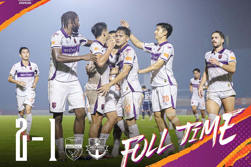 Becamex TPHCM 클럽은 2025-2026 V.리그 10라운드에서 하이퐁을 2-1로 꺾었습니다. 사진: 빈즈엉 클럽
