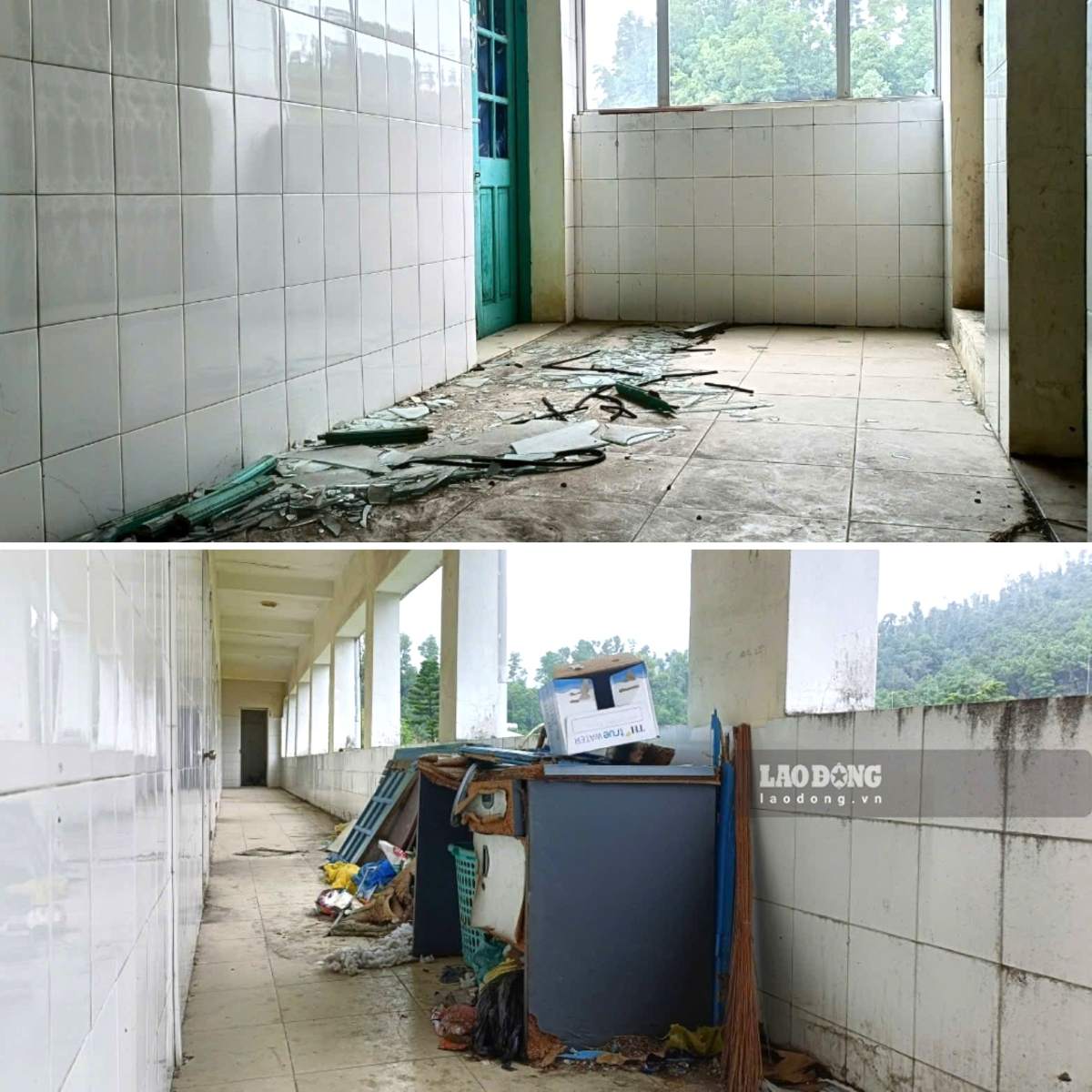 Khu nha C dieu tri benh nhan co 3 tang thi tang thu 3 hien khong the su dung do sau bao Yagi nam 2024, he thong cua kinh, cua go vo hong ma chua duoc dau tu thay the, sua chua.