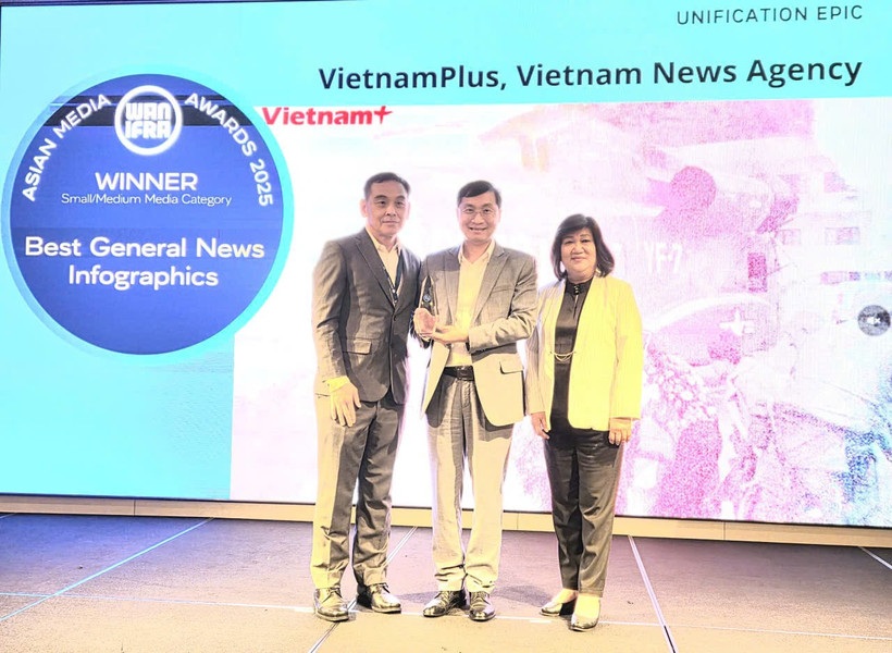 VietnamPlus representative received the "Best General News Infographics" award from WAN-IFRA. (Photo: PV/Vietnam+)