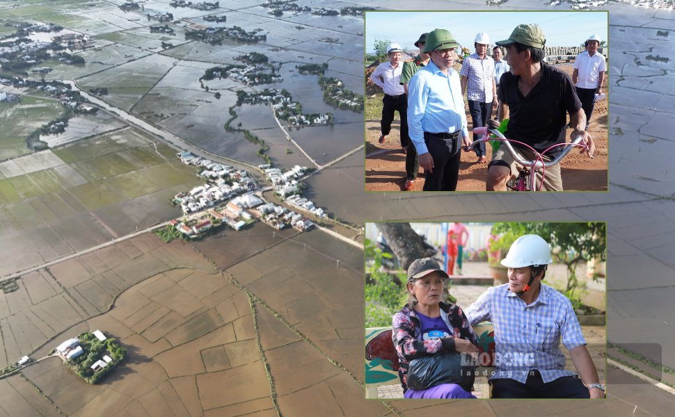 Le president du Comite populaire provincial de Gia Lai Pham Anh Tuan inspecte directement les zones inondees et demande aux habitants de se deplacer vers des endroits sûrs pour eviter la tempete n° 13. Photo : Hoai Phuong