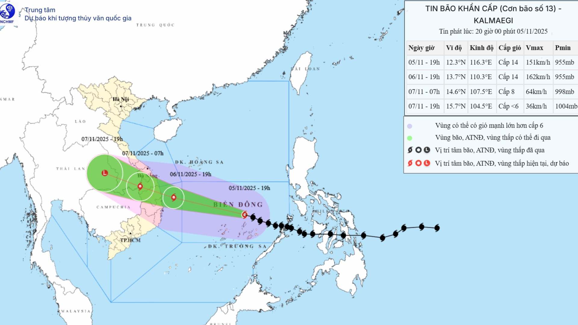 Updated location and path of storm No. 13 at 8:00 p.m. on November 5. Photo: National Center for Hydro-Meteorological Forecasting