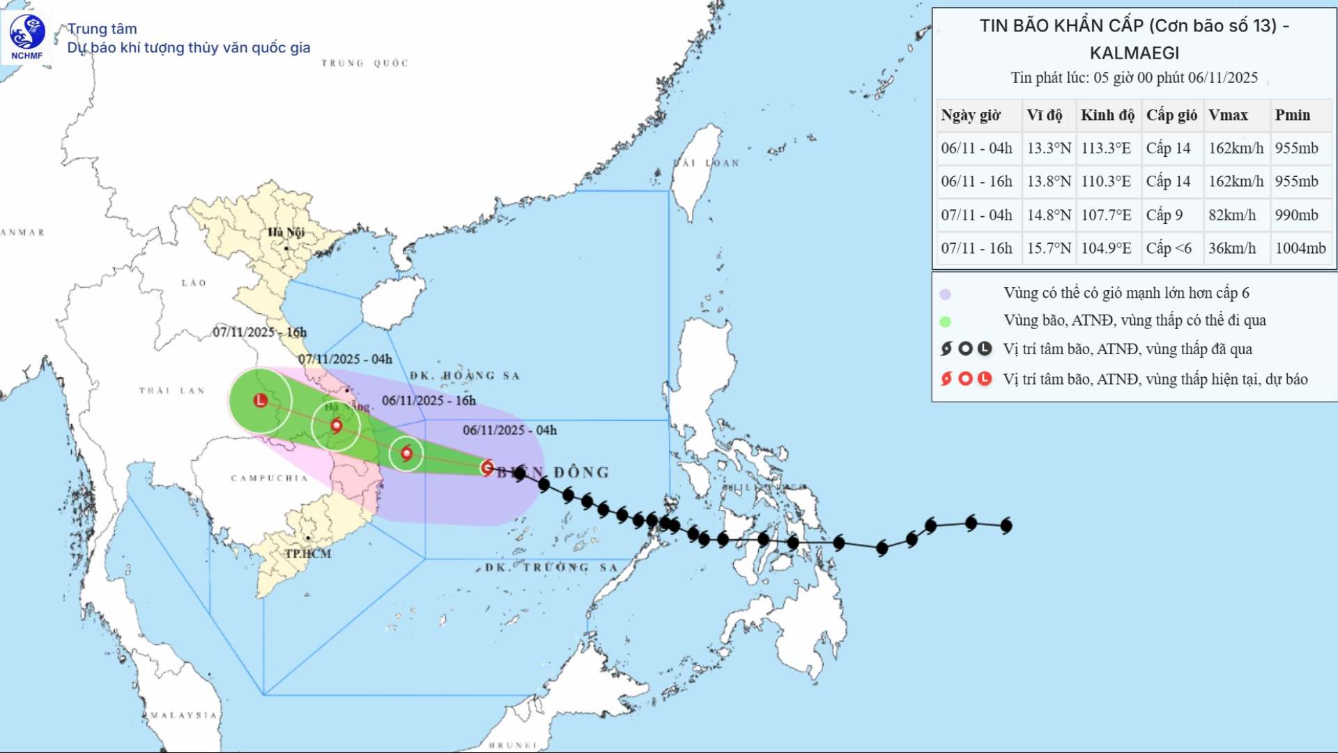 Updated location and path of storm No. 13 at 5:00 a.m. on November 6. Photo: National Center for Hydro-Meteorological Forecasting
